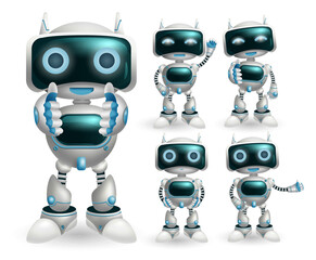 Robot characters vector set. Robotic character with happy modern technology post and gestures for robots collection design. Vector illustration. 