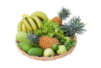 vegetables and fruits in the basket on white background