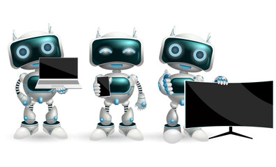 Robot characters vector set. Robotic character with modern devices like smartphone, television and laptop in holding and showing pose and gestures for technology device and robot design. - obrazy, fototapety, plakaty