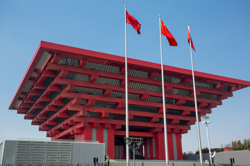 The red Chinese Pavilion on the site of the Expo 2010