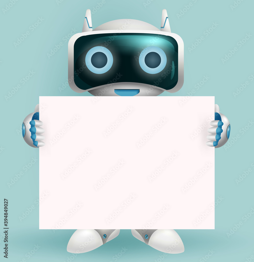 Poster robot character vector design. robotic character holding white board element with space for text and