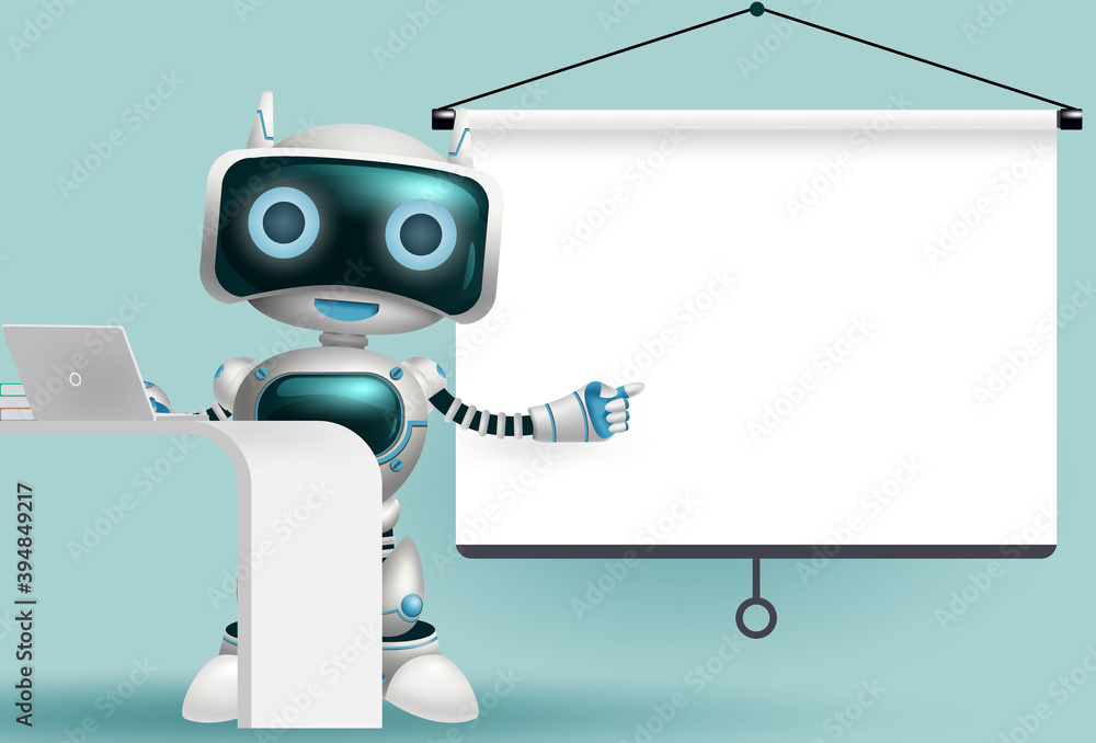 Aufkleber robot character presentation vector background design. robotic 3d character pointing and presenting 