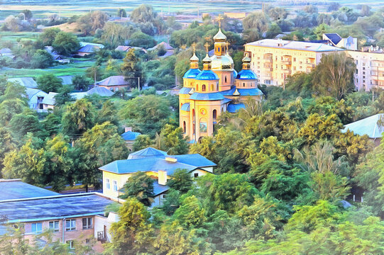 Old church view at cityscape colorful painting looks like picture, Uzhhorod, Ukraine.