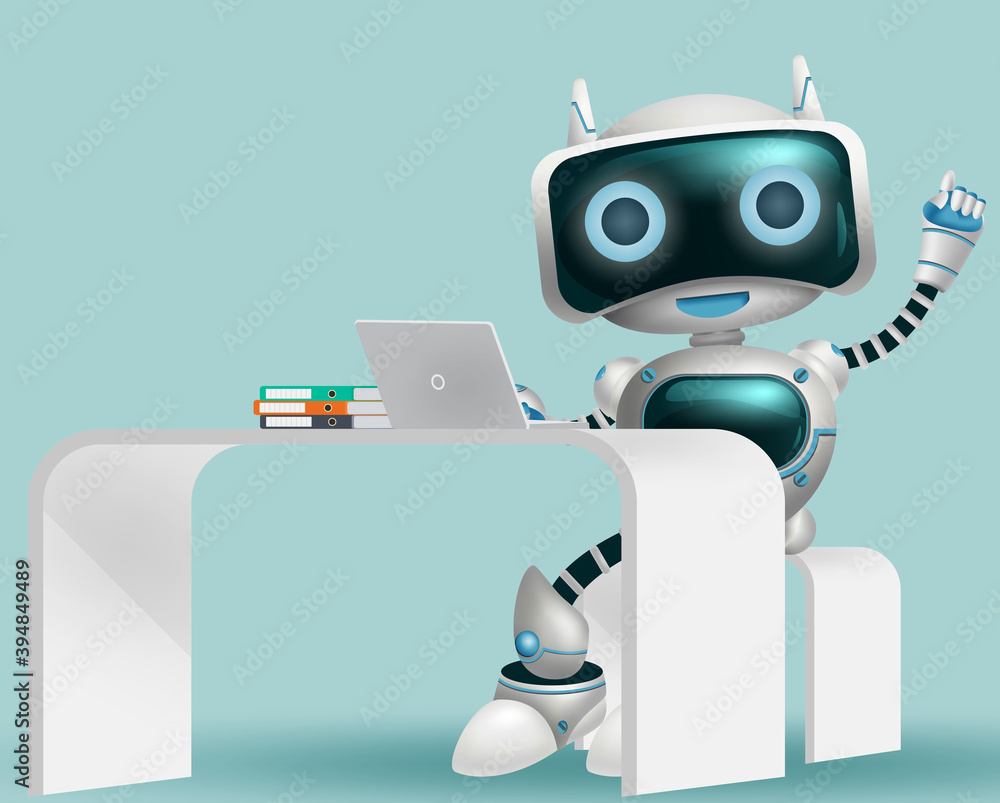 Poster robot 3d information character background design. robotic help desk assistant character sitting and 