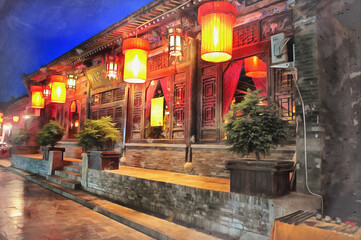 Fototapeta na wymiar House in old city colorful painting looks like picture, Pingyao, Shanxi, China.