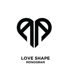 abstract AA love shape letter logo black vector monogram icon design isolated background