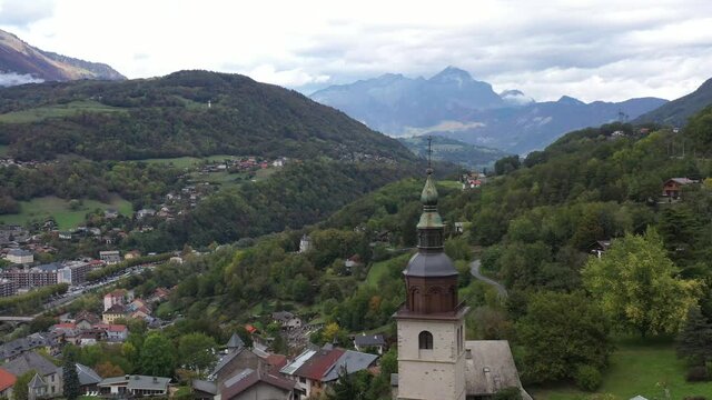 Aerial shot of the pretty old town (Conflans) overlooking Albertville, beautiful view of an old city surrounded by mountains,  View of the Conflans, the medieval city located in upper savoy, France