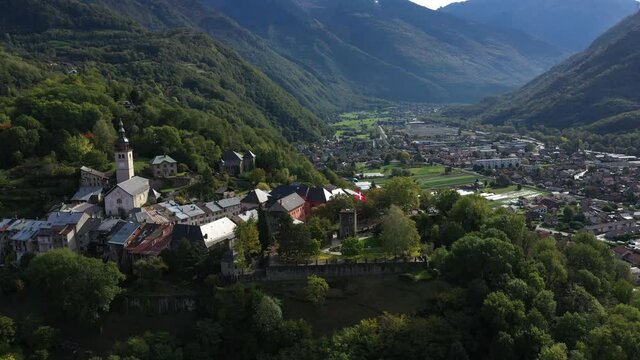 Aerial shot of the pretty old town (Conflans) overlooking Albertville, beautiful view of an old city surrounded by mountains,  View of the Conflans, the medieval city located in upper savoy, France
