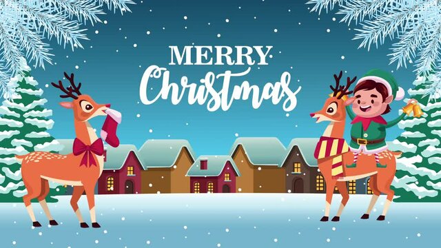 happy merry christmas lettering card with deers and elf