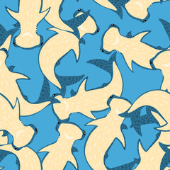 Random seamless bright marine pattern with hammerhead sharks. Blue background.