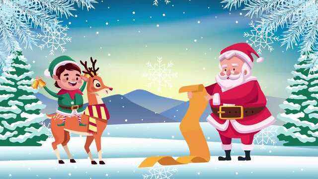 happy merry christmas card with santa claus reading gifts list and elf in deer