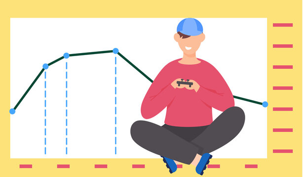 Guy with gamepad in his hands sits near a bar graph. Office work management. Data analysis. Falling graph on the background. Statistics and business anatytics. Man is playing with a joystick