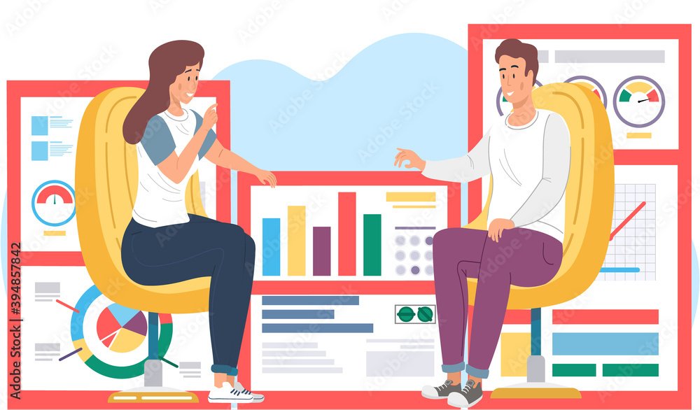 Aufkleber Workers communicate, solve business development issues, collaboration and discussion graphical business report with charts and graphs. Teamwork concept. Vector illustration joint work in the company