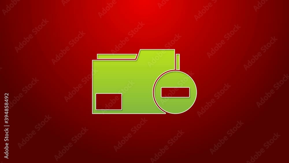 Poster green line document folder with minus icon isolated on red background. clear document. remove file d