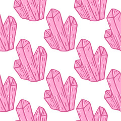 Isolated mineral seamless pattern with pink crystals ornament. White background.