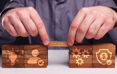 Business, Technology, Internet and network concept. Young businessman shows the word:Employee...