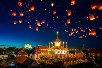 Yee Peng Festival in Bangkok city sometimes written as Yi Peng, Lantern fly over grand palace in Bangkok city, Thailand
