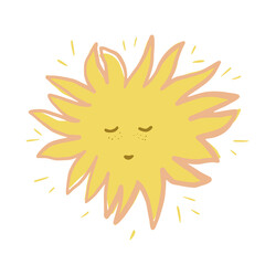 Bright sun smile isolated on white background. Abstract cute design yellow and pink color doodle.