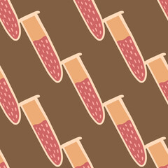 Seamless pattern with hand drawn chemical flask elements. Pink and orange colored elemets on brown background.