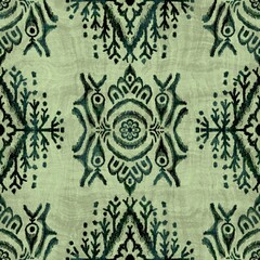 Seamless grungy tribal ethnic rug motif pattern. High quality illustration. Distressed old looking native style design in shades of textured green. Old artisan textile seamless pattern.