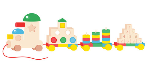 Wooden colorful toy train in geometric forms vector