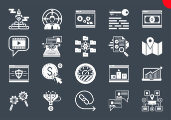 SEO Glyph Icons Set. SEO Related Vector Glyph Icons. Website and APP Design and Development. Simple Glyph Pictogram Pack. Stroke Vector Logo Concept, Web Graphic. Vector icons.