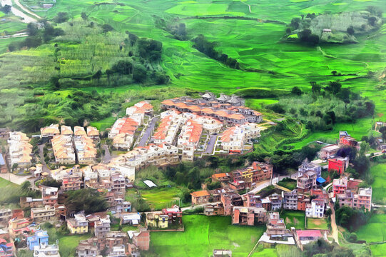Aerial view of Kathmandu valley colorful painting looks like picture, Nepal.