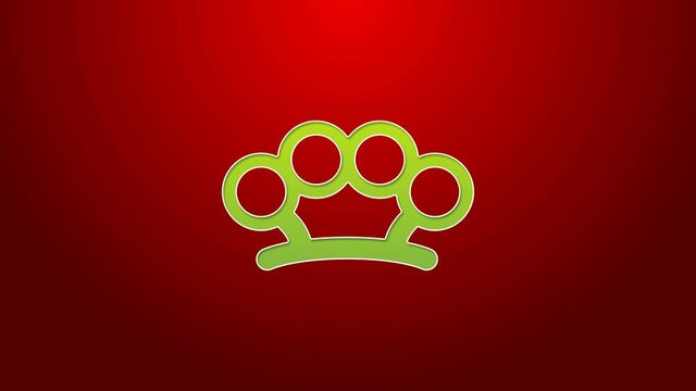 Green line Brass knuckles icon isolated on red background. 4K Video motion graphic animation