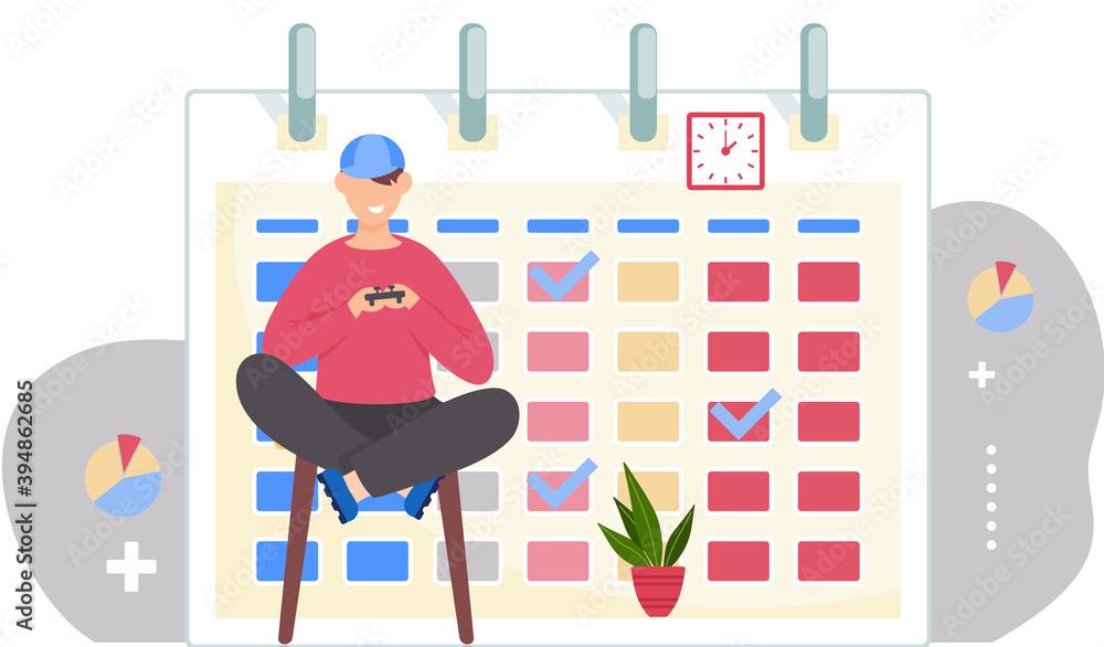 Poster guy is sitting on the chair with a gamepad in his hands. office work management. man is playing with