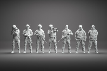 A Group Of Toy Army Soldier In White Paint In A Line, Isolated Against Gray. 3d Rendering.