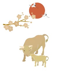 金色の牛の親子と日の出
