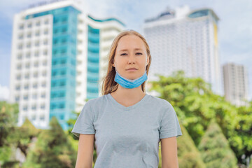 Improper wearing of mask concept. Woman wearing mask wrong