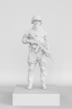 statue of the soldier. Army Soldier Figurine Made From White Plastic Standing On A Box Holding A Rifle. 3d Rendering.