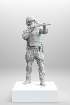 statue of the soldier. Army Soldier Figurine Made From Concrete Standing On A Box Holding A Rifle. 3d Rendering.