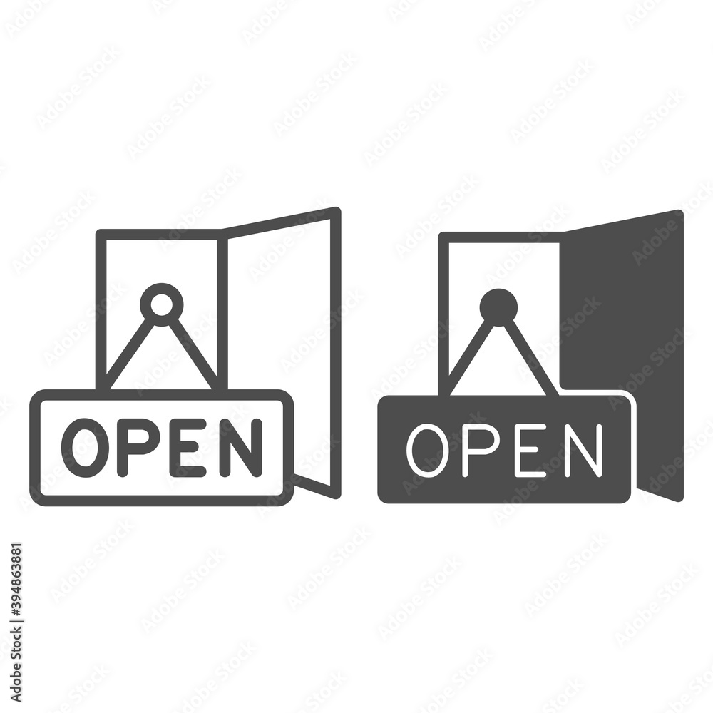 Poster plaque with text open and door line and solid icon, black friday concept, open signboard sign on whi