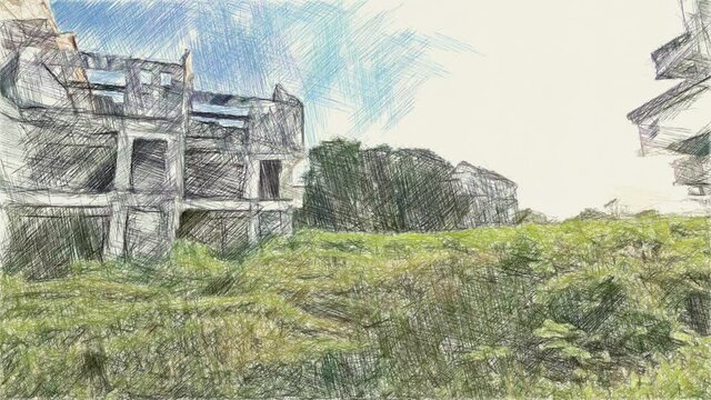 art drawing color of abandoned building in country thailand