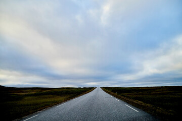 Landscape with road in tundra in Norway at cloudy evening