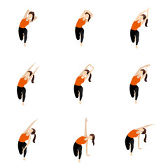 Kneeling side stretch yoga asanas set /Illustration stylized woman practicing side stretch, hands variations