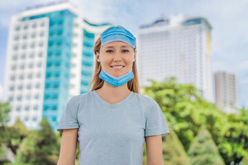 Improper wearing of mask concept. Woman wearing mask wrong