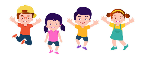 Happy kids jumping together. Joyful children  vector illustration isolated on white background.
