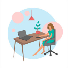 People work at home office vector flat illustration. Freelancer character working from home workplace. Young freelancer working on laptops.