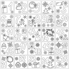 Advent calendar coloring page for christmas, cute doodle christmas symbols in windows from 1 to 25, contour festive tree, wreath, sweater and snowflakes and dates for the holiday