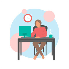 People work at home office vector flat illustration. Freelancer character working from home workplace. Young freelancer working on laptops.