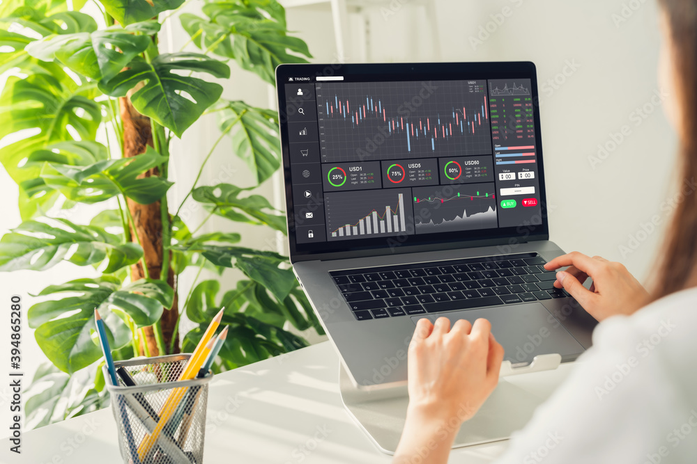 Poster stock exchange market concept, businesswoman trader looking computer with graphs analysis candle lin