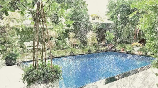 art drawing color of pool in village