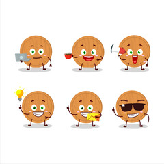 Circle wood cutting board cartoon character with various types of business emoticons