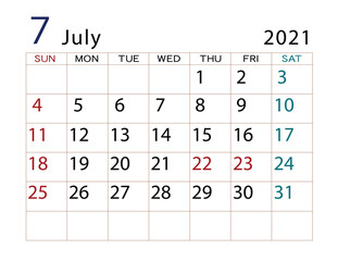2021年カレンダー　7月
