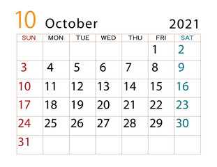 2021年カレンダー　10月