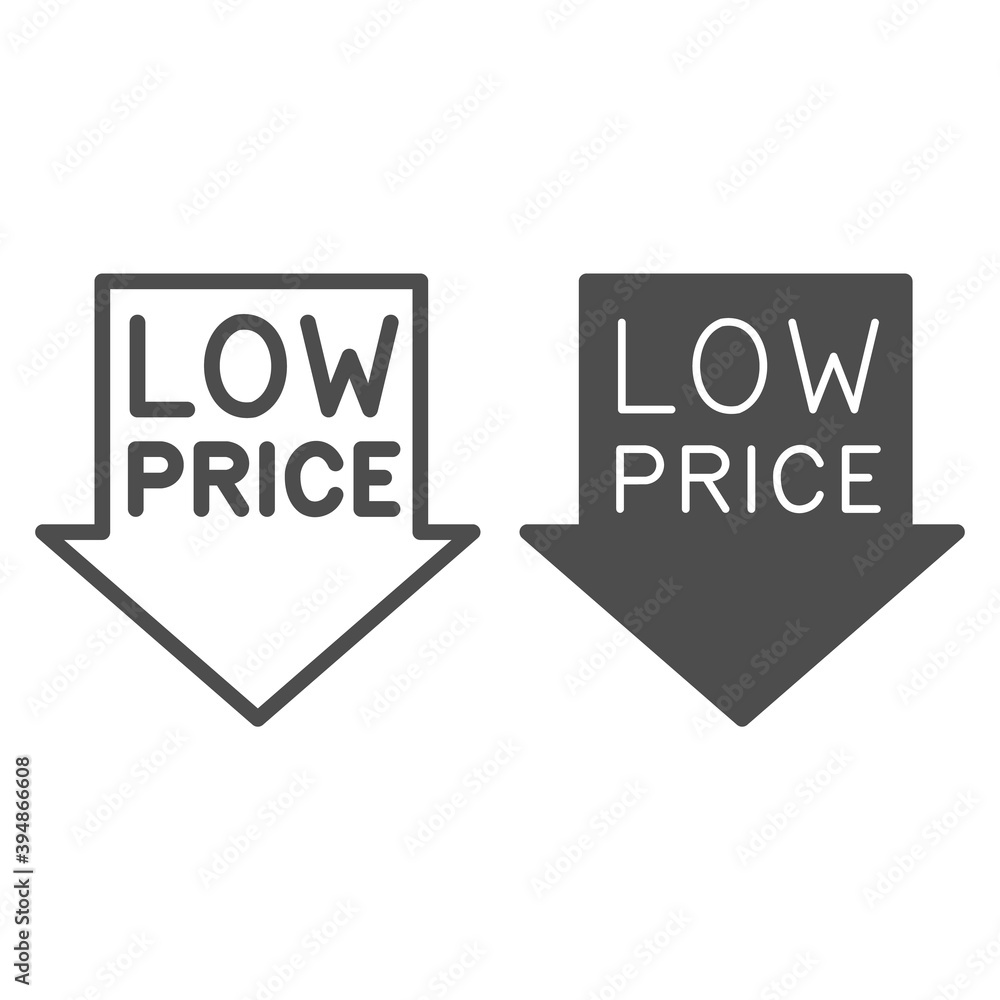 Poster down arrow with text low price line and solid icon, black friday concept, low price sign with arrow 