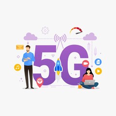 People use network high speed 5g connection. people using high speed wireless connection 5G via mobile smartphone design concept vector illustration